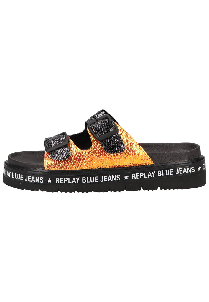 Replay Pantoletten Lederimitat Schwarz/Gold - surf4shoes