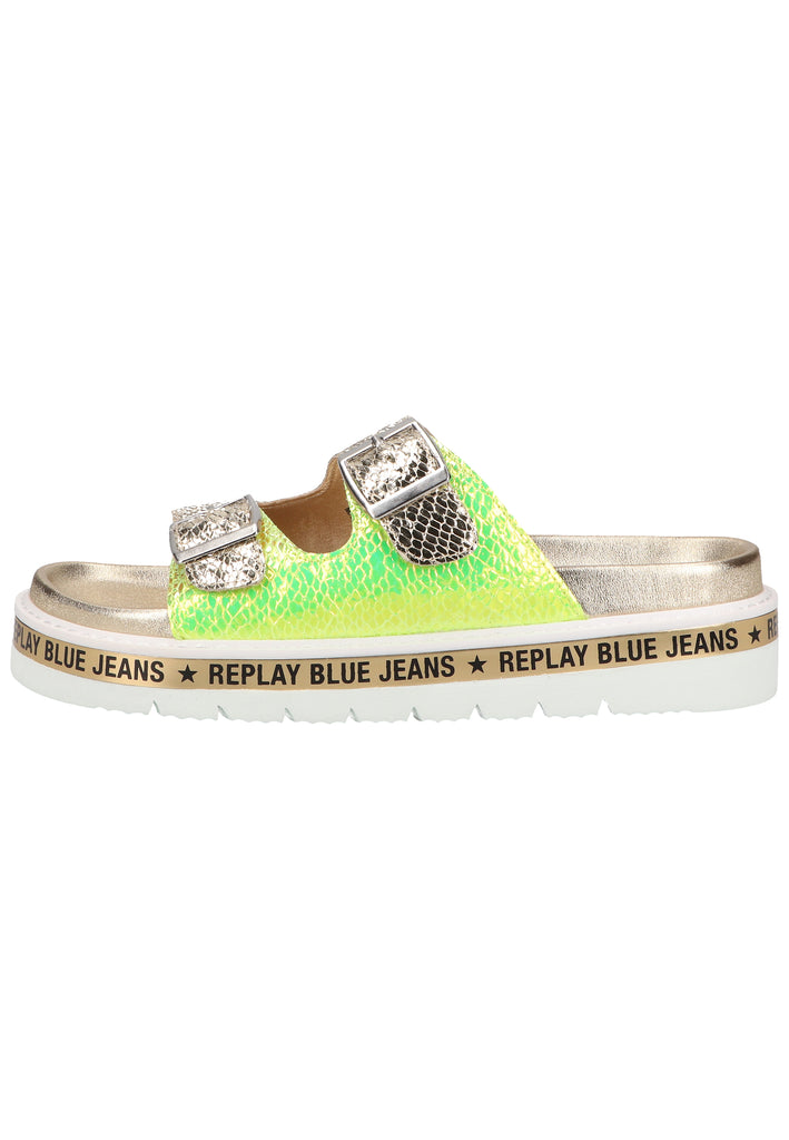 Replay Pantoletten Lederimitat Silber/Grün - surf4shoes