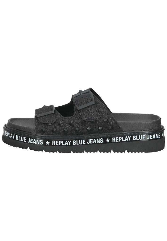 Replay Pantoletten Lederimitat Schwarz - surf4shoes