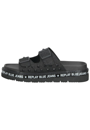 Replay Pantoletten Lederimitat Schwarz - surf4shoes