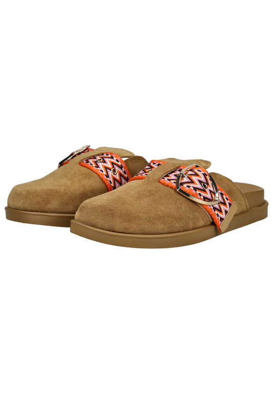 Blauer Pantoletten Veloursleder Cognac