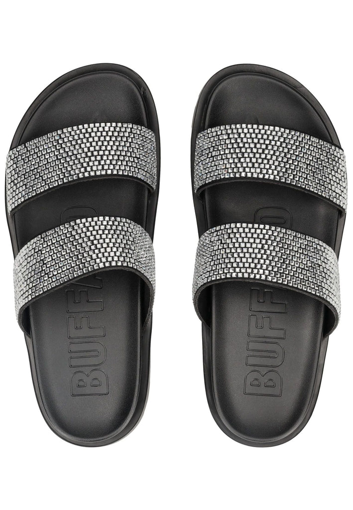 Buffalo Pantoletten Lederimitat Schwarz/Silber