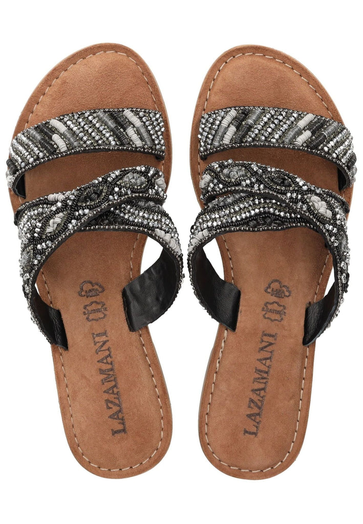 Lazamani Pantoletten Leder/Textil Schwarz Kombi