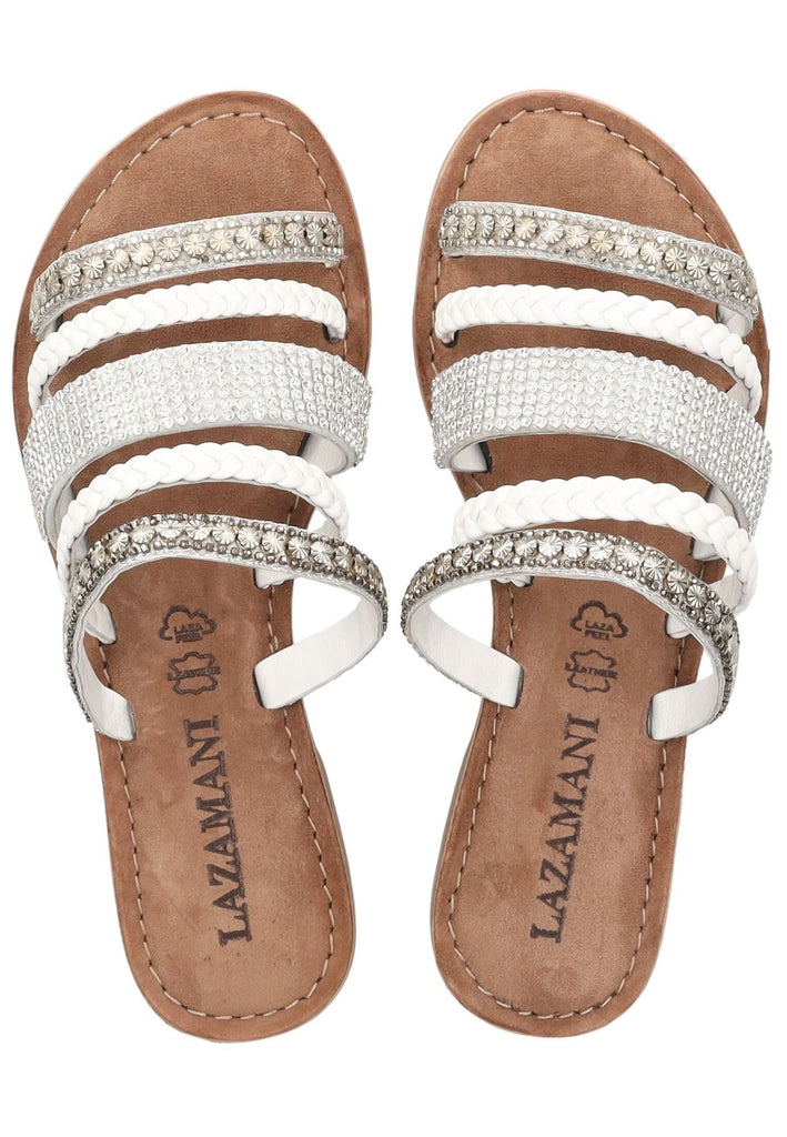 Lazamani Pantoletten Leder/Textil Weiß Kombi