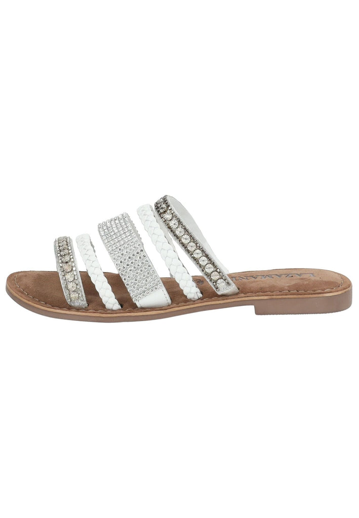 Lazamani Pantoletten Leder/Textil Weiß Kombi