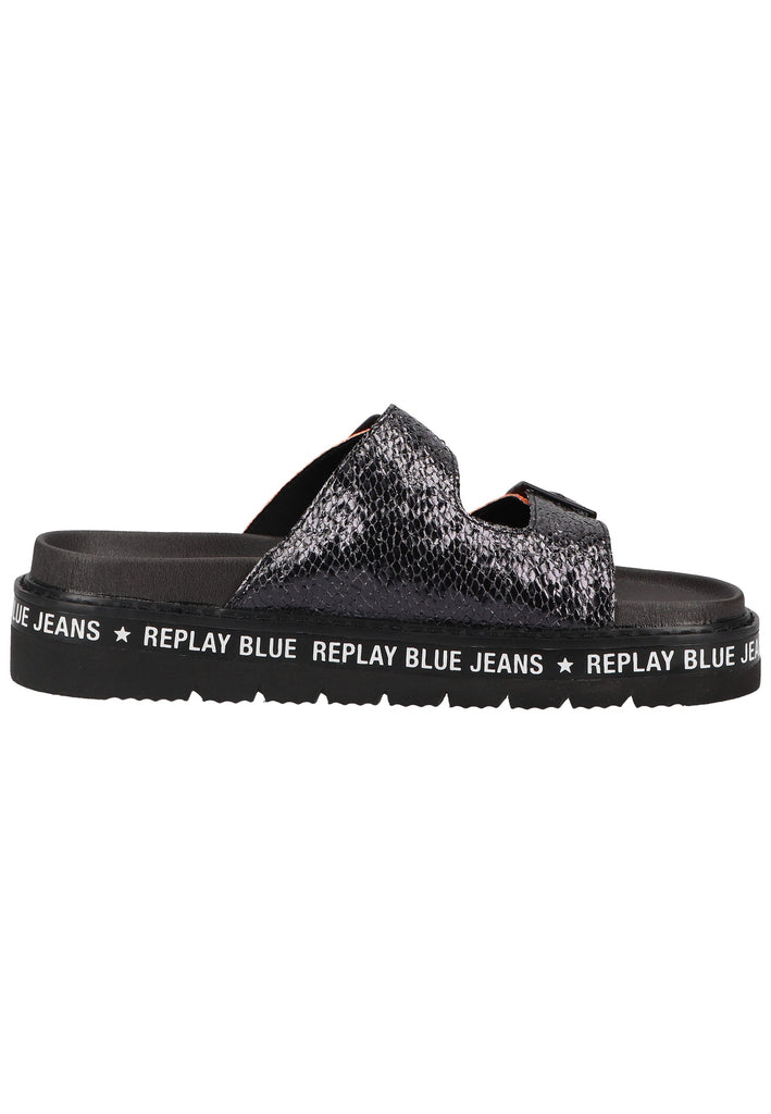 Replay Pantoletten Lederimitat Schwarz/Gold