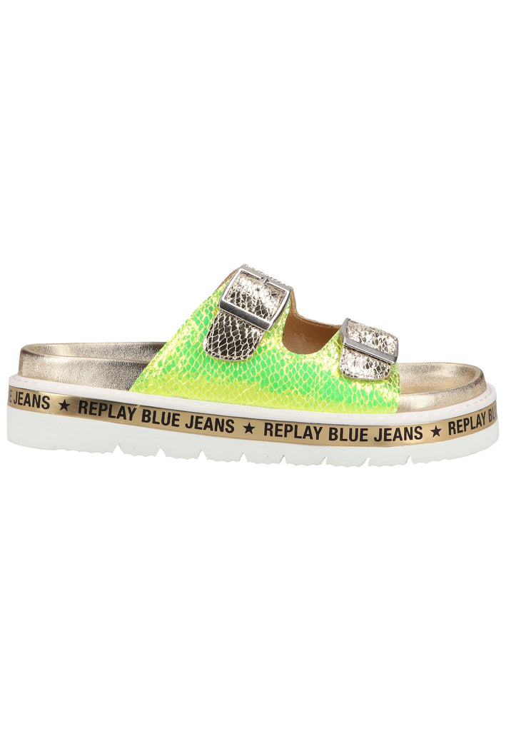 Replay Pantoletten Lederimitat Silber/Grün