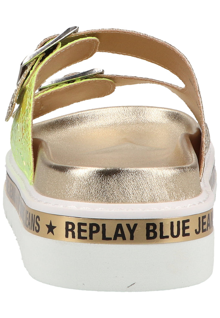 Replay Pantoletten Lederimitat Silber/Grün