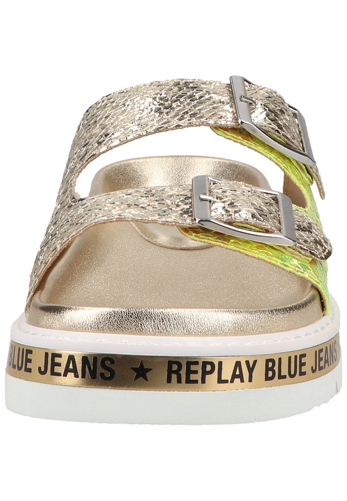 Replay Pantoletten Lederimitat Silber/Grün